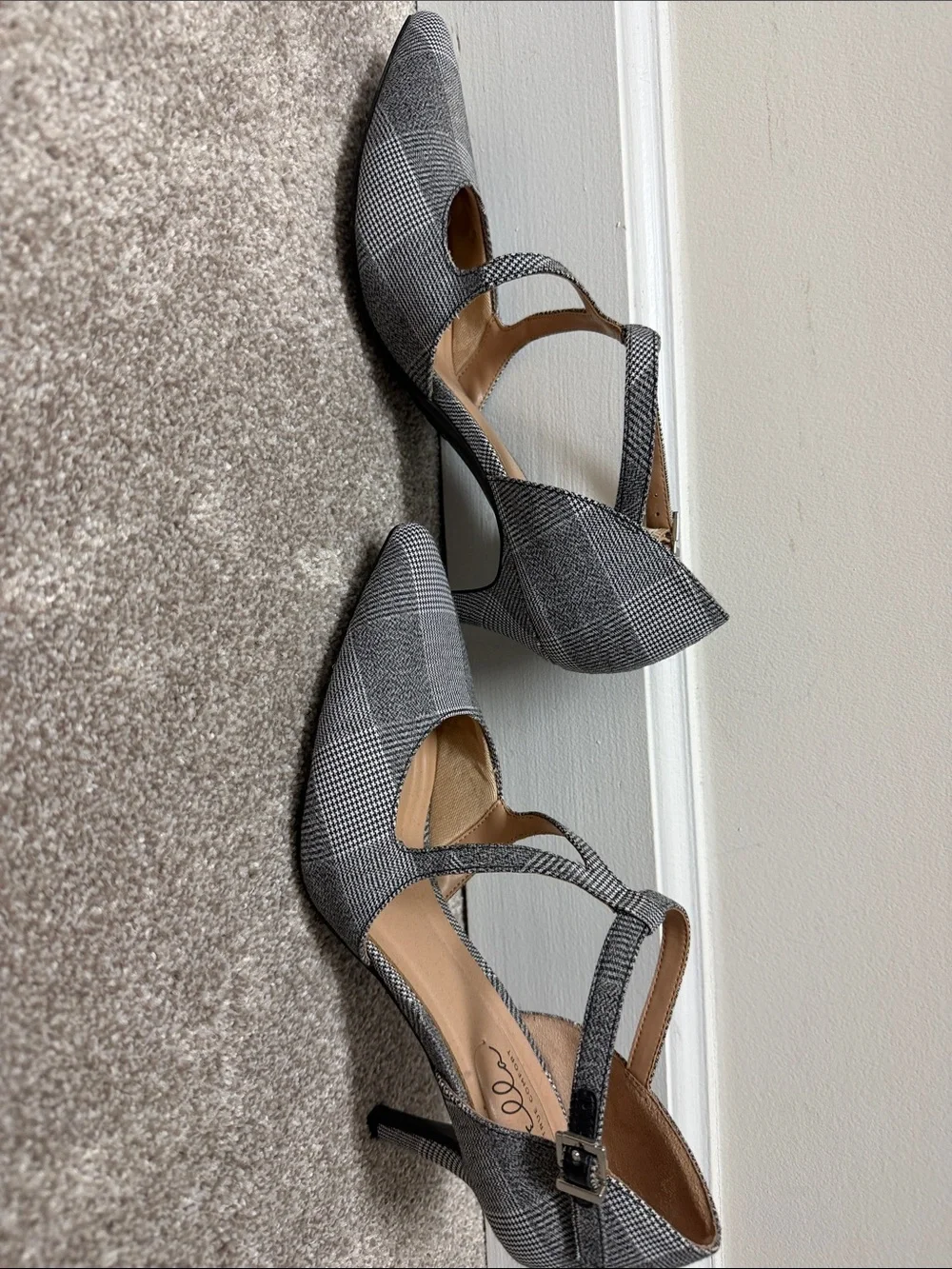 Abella Gray Plaid Pointed T-Strap Heels